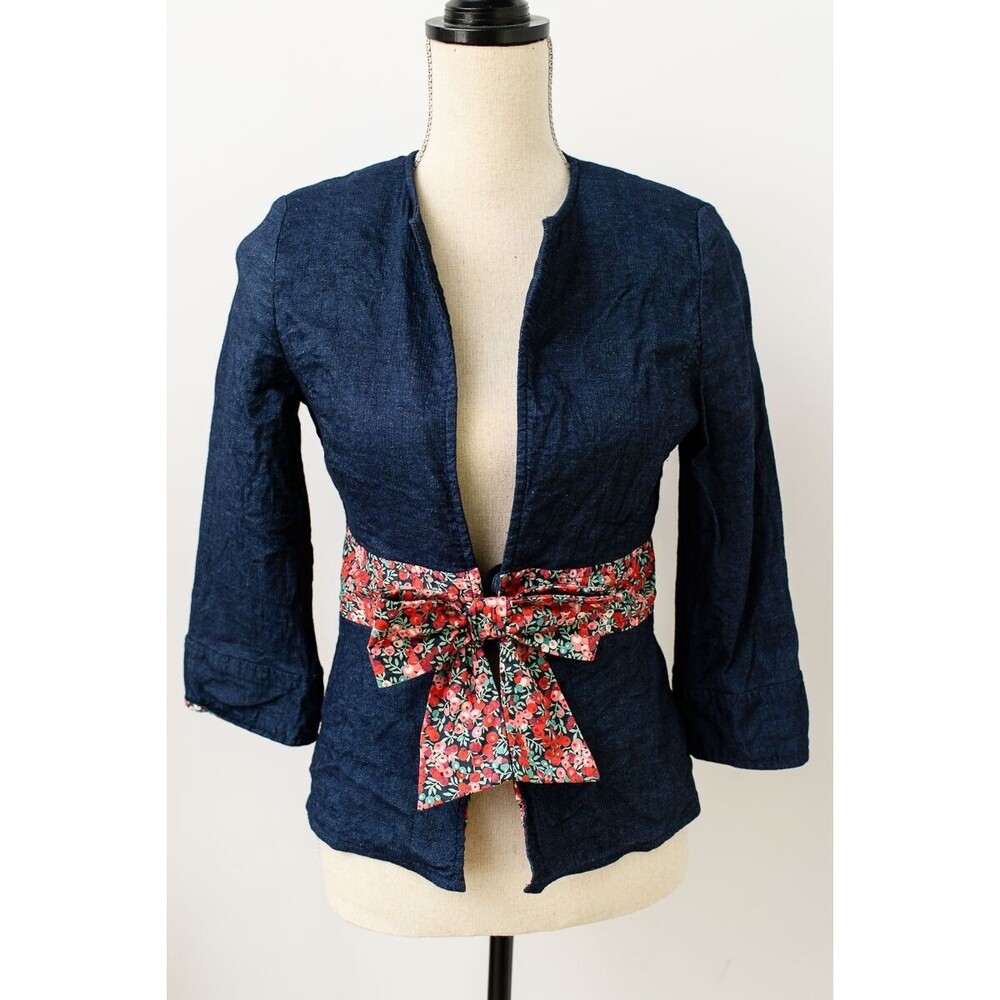 Sara Jane Denim cotton floral quilted jacket floral belt cottage Boho artsy art